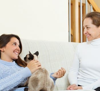 cat owner talking to pet sitter